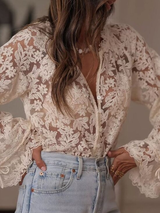 Charming Charlie Tops - Sheer Floral Embroidered Lace Blouse